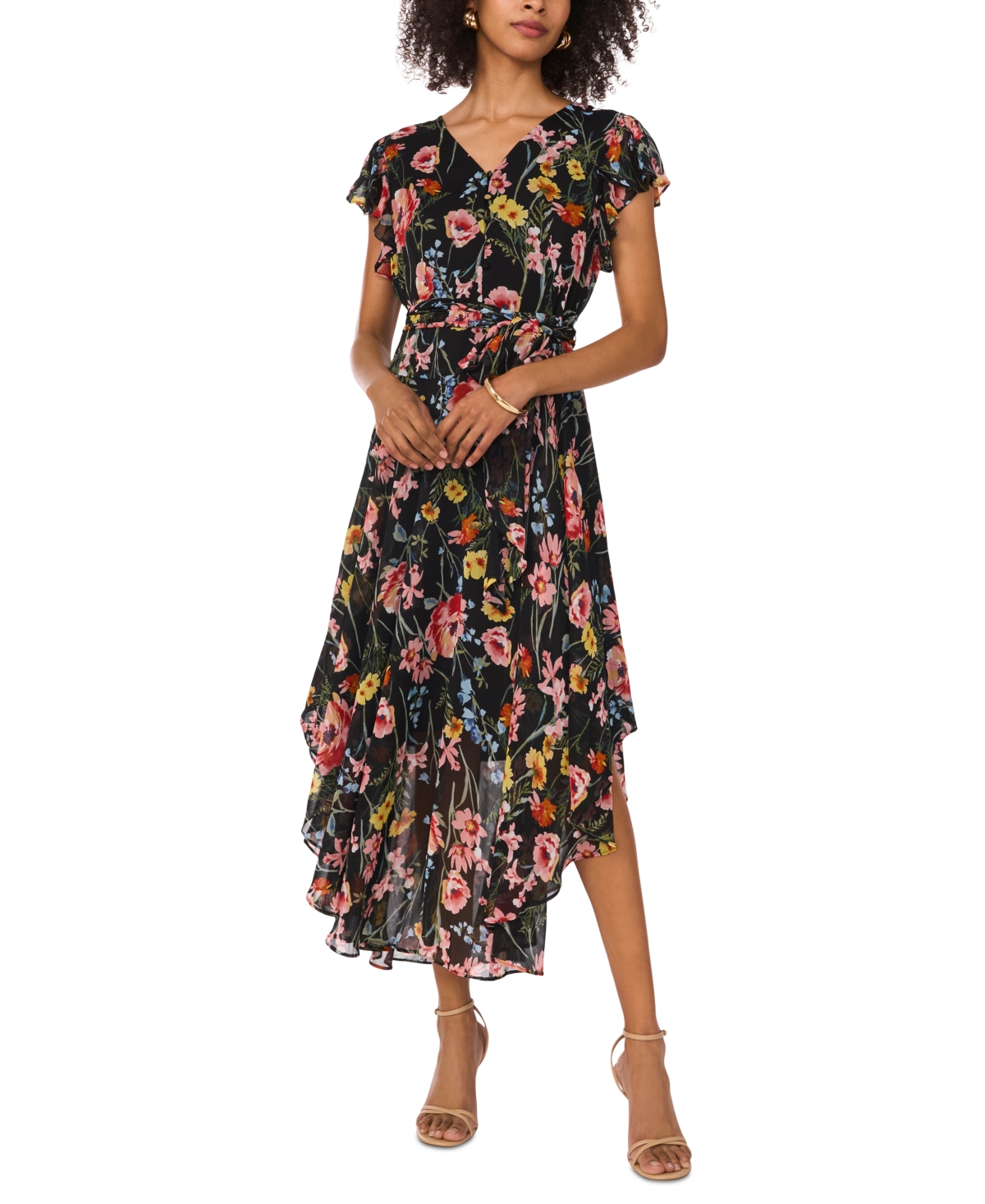 Vince Camuto Women's Printed Flutter-sleeve Midi Dress In Rich Black