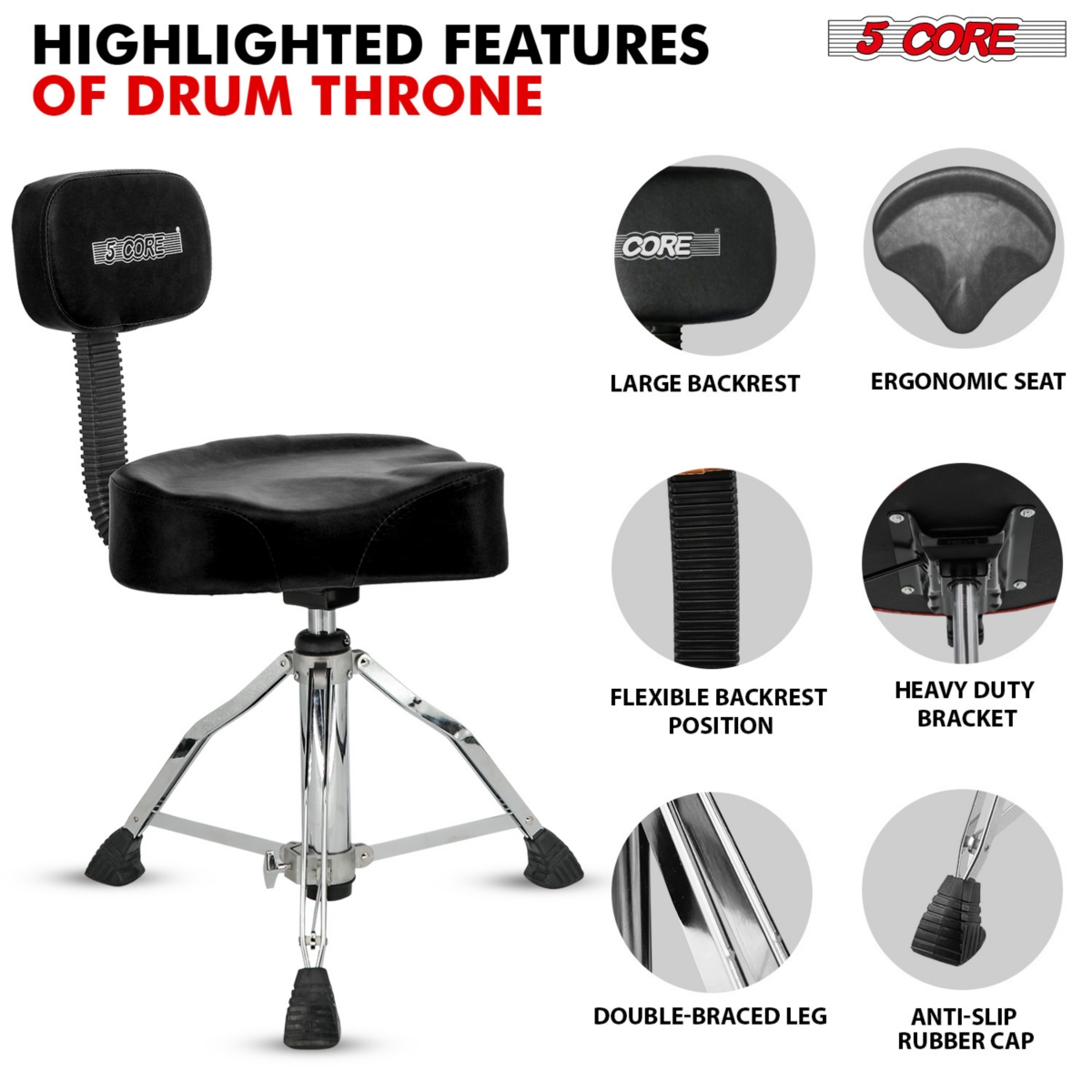 5 Core Drum Throne with Backrest  Height Adjustable Comfortable Guitar Stool Motorcycle Style Seat - Ds Ch Blk Rest
