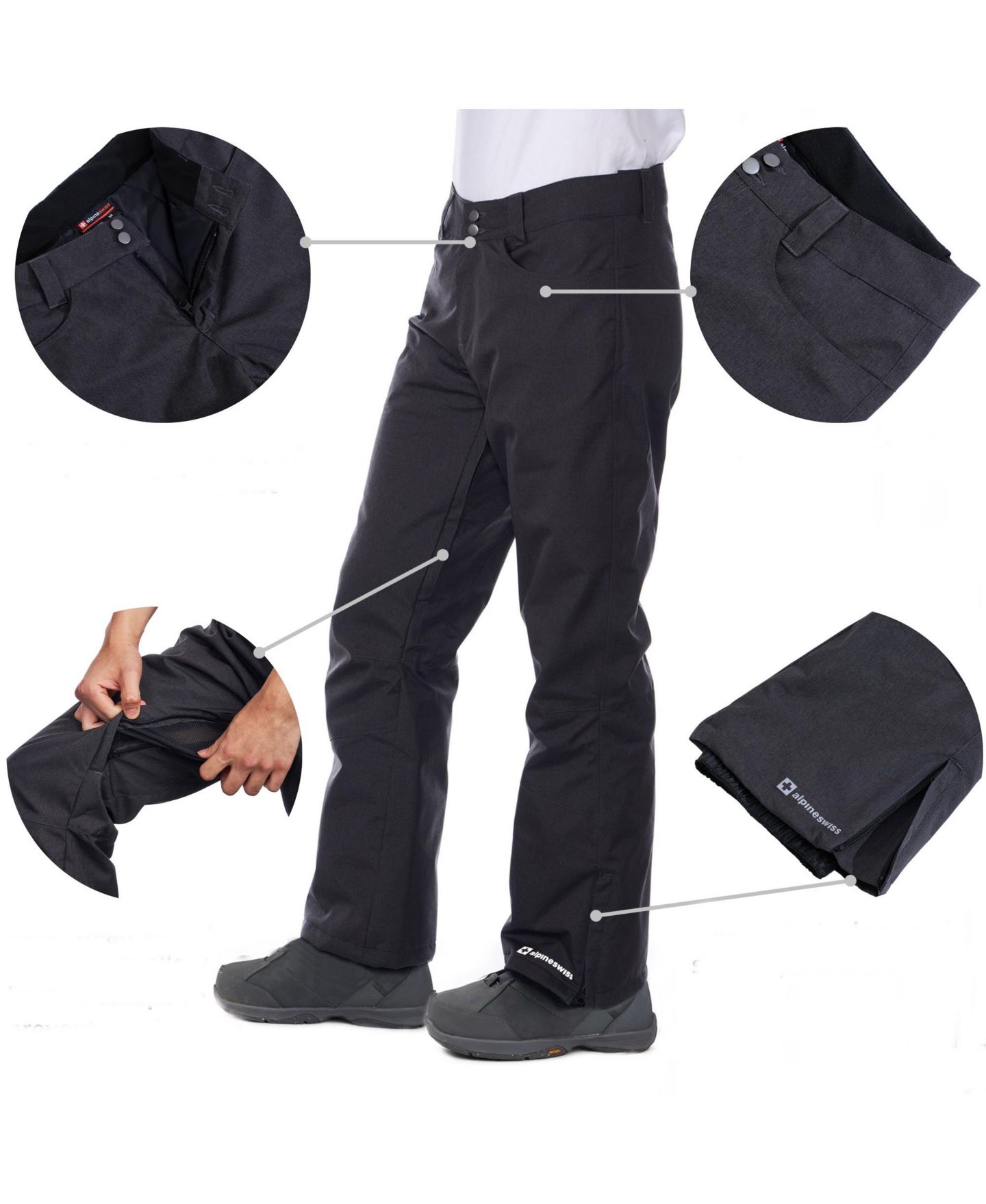 Мужские брюки Alpine Swiss Waterproof Ski Snowboarding Pants Insulated Winter Snow Pants, цвет: Чёрный — фото 5