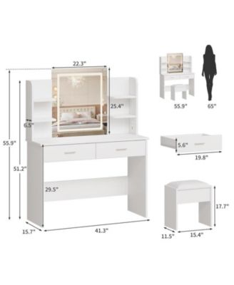 Vanity Desk with Mirror and Lights, Makeup Vanity Set w/Desk and Stool, Power Outlet, Makeup Vanity Desk with 6 Storage Shelves, 2 Large Drawers and 3 Color Adjustable Brightness