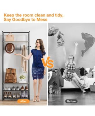 Coat Rack Shoe Bench with 5 Hooks, Hall Trees Entryway Bench with Storage, Multifunctional Hallway Organizer, Wood Look Accent Furniture with Metal Frame for Entryway, Living Room, Bedroom