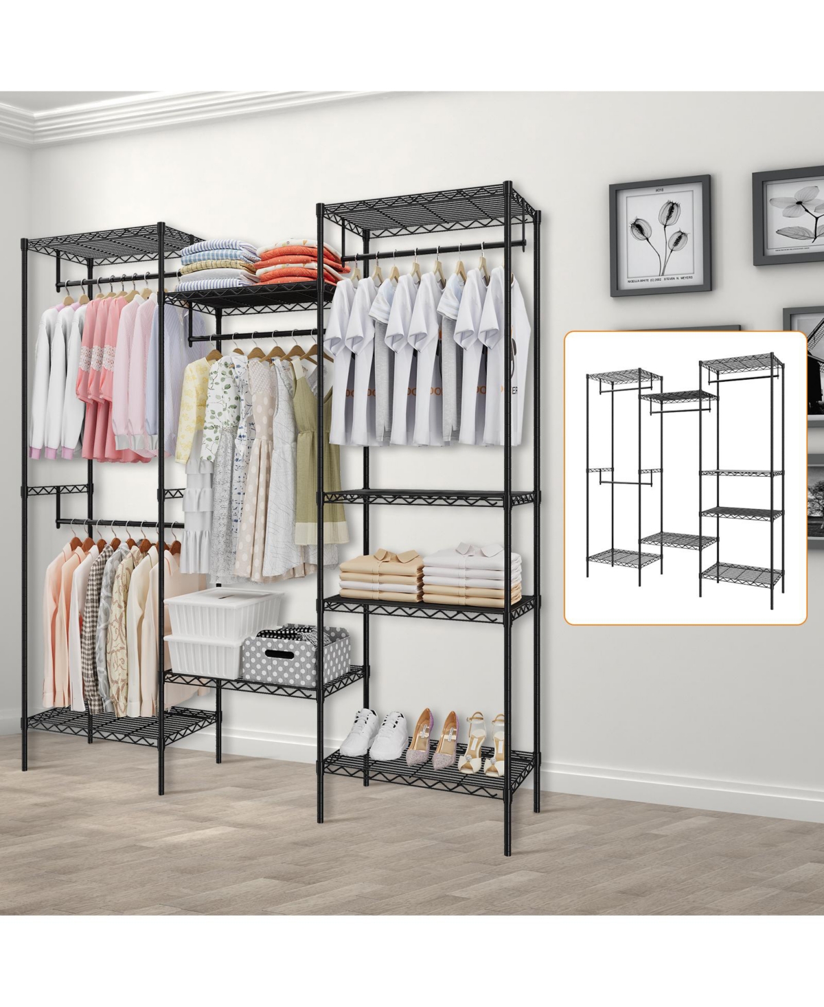 gaomon CuisinSmart Clothing Racks for Hanging Clothes, Metal Clothes Hanging Rack with 8 Adjustable Shelves & 4 Hanging Rods, Freestanding Wardrobe Cl