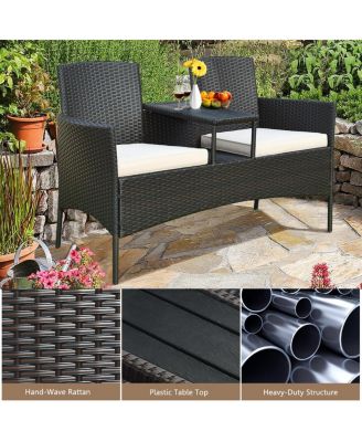 Patented Cushioned Rattan Wicker Patio Conversation Set Loveseat Table
