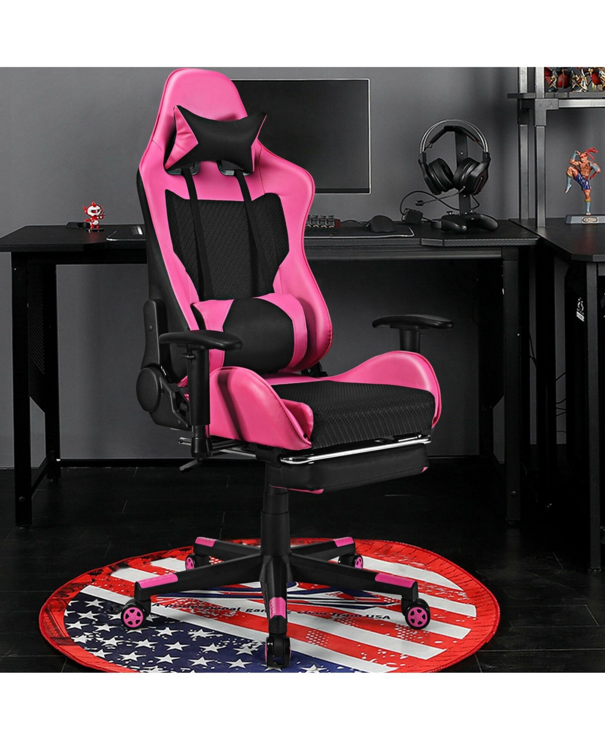 Gouun Pu Leather Gaming Chair with Usb Massage Lumbar Pillow and Footrest