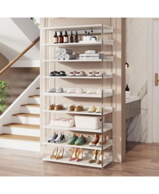 8-Tier Acrylic Shoe Rack, Modern Shoe Storage with Wood Shelves, 63" Shoe Organizer Display Shelf for 24-32 Pairs, Space-Saving, White & Transparent