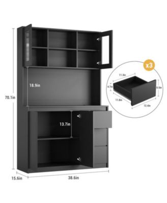 Kitchen Pantry Cabinet with Charging Station, Tall Storage Cabinet with Countertop and LED Lights, Pantry with Drawers and Glass Doors