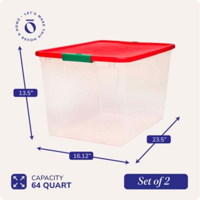 64 Qt Secure Latch Clear Plastic Storage Container Bin w/ Red Lid, 2 Pack