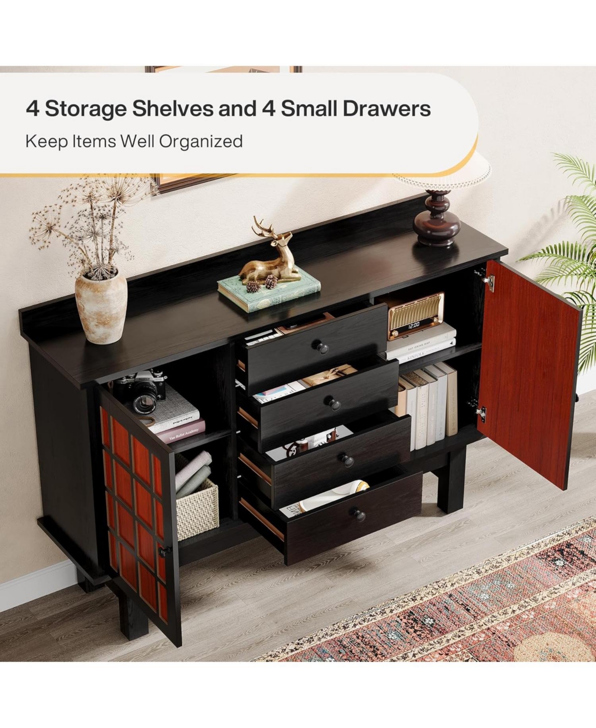 Tribesigns Storage Cabinet, Black Accent Cabinet with 2 Doors and 4 Drawers, Classic Wood Sideboard Buffet Cabinet with Storage, Large Credenza fo