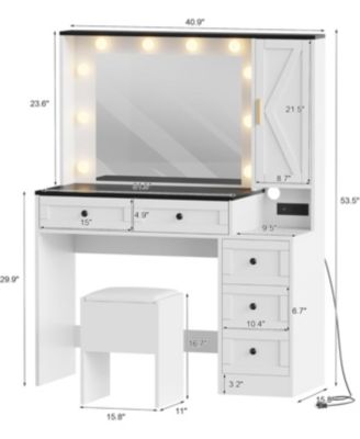 Makeup Vanity Stool Set, Small Vanity Desk with Lighted Mirror, Charging Station, 5 Drawers