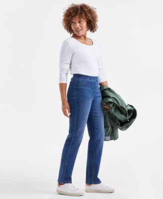 Petite Mid-Rise Pull-On Straight-Leg Jeans
