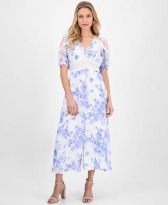 Taylor - Women's Lace-Trim Floral-Print Chiffon Dress