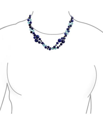 Long Wrap Around Layer Blue Shades Natural Aqua Quartz Blue Lapis Black Onyx Ball Bead Strand Necklace 40 Inch
