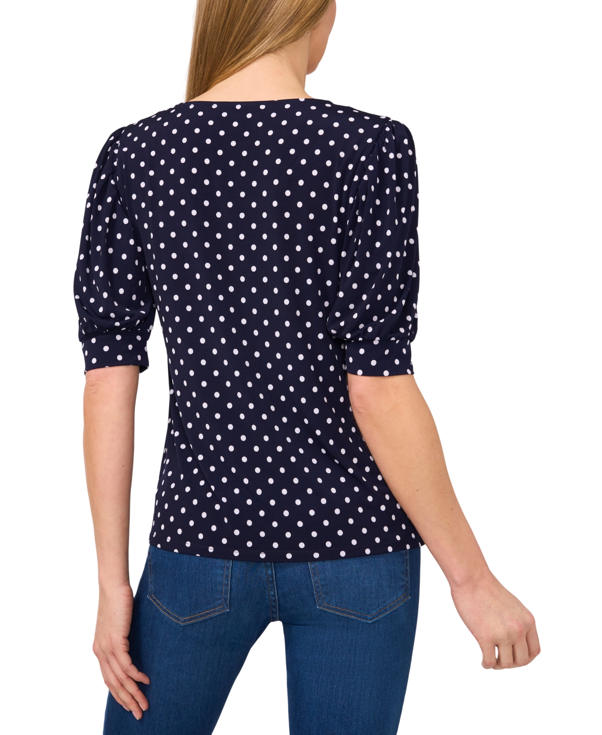 Cece Women's Polka-dot Elbow-sleeve Round-neck Top In Classic Navy