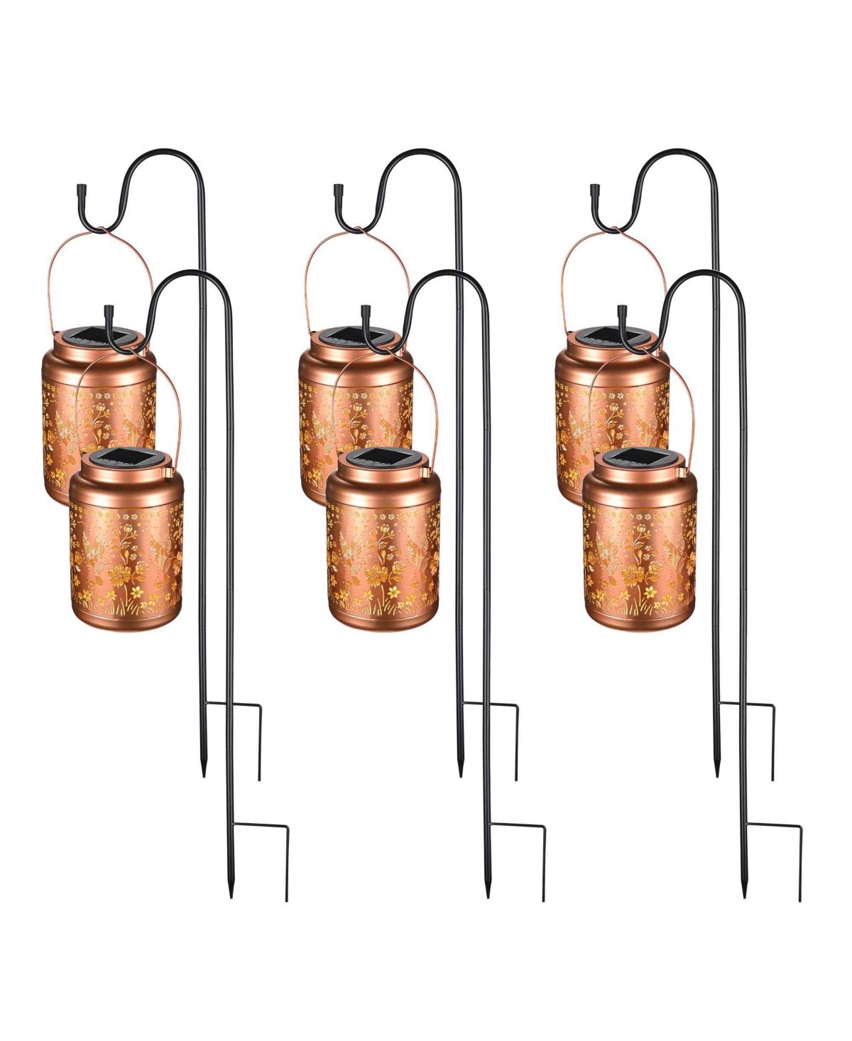 Hummingbird Solar Lantern with Shepherds Hooks Outdoor Hanging Decor Light Christmas Gifts Yard Patio 6Pack - Natrual