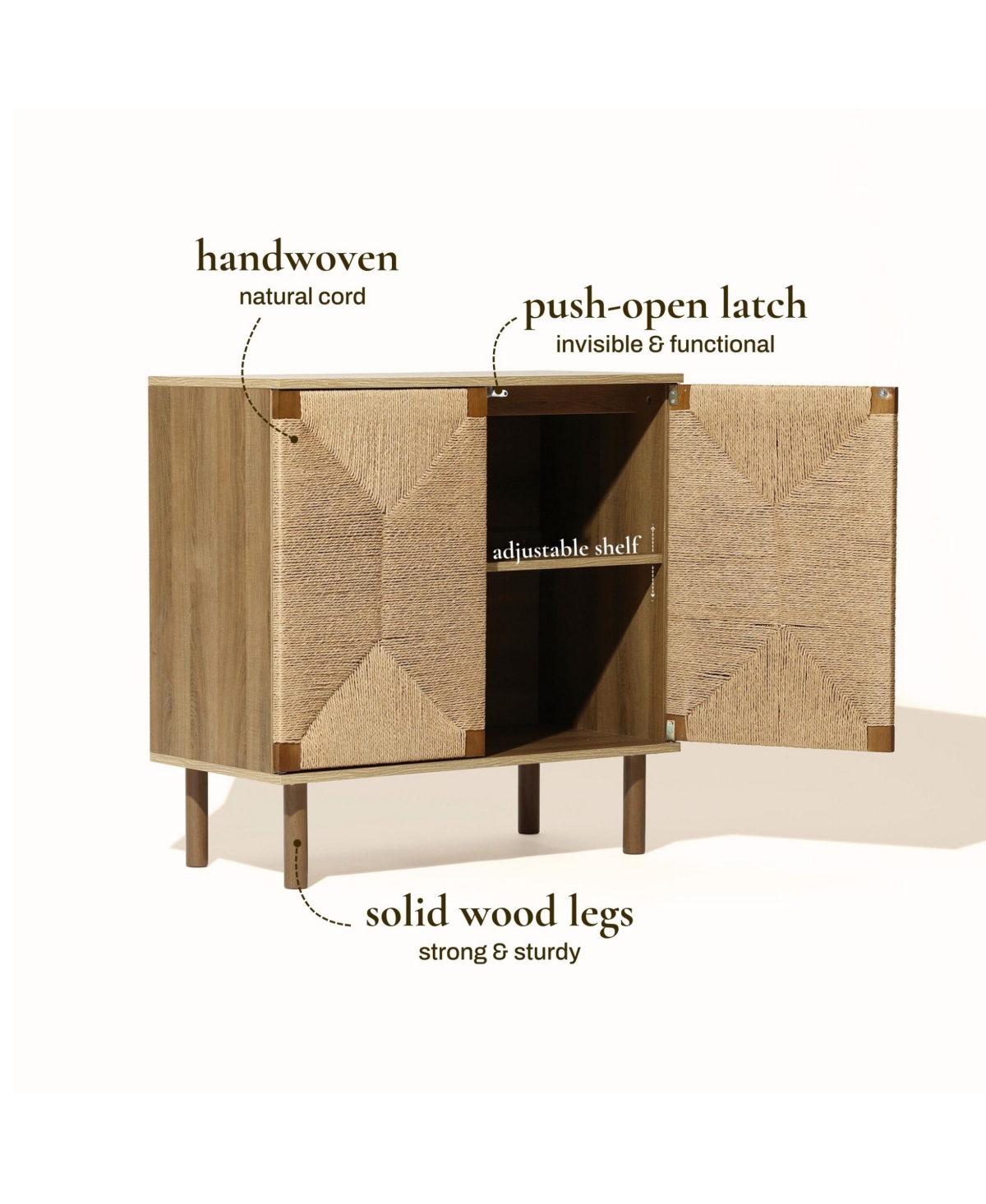 Luxenhome Mid-century Modern Rope 2-door Cabinet With Wood Legs In Natural