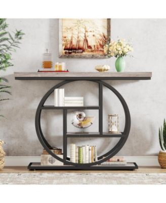Industrial 4-Tier Console Table with Circle Base and Storage Shelves, 41.3-Inch Narrow Accent Sofa Table for Entryway or Living Room