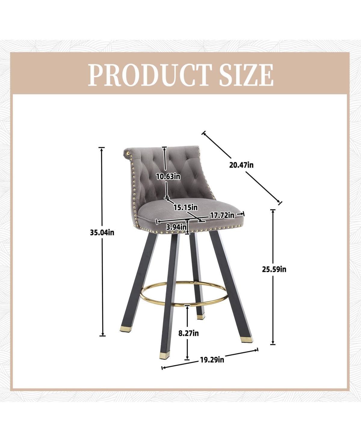 The Pop Home Set of 2 Velvet Swivel Bar Stools, 360 Rotation, Modern Kitchen Chairs-The Pop Home - Grey+velvet