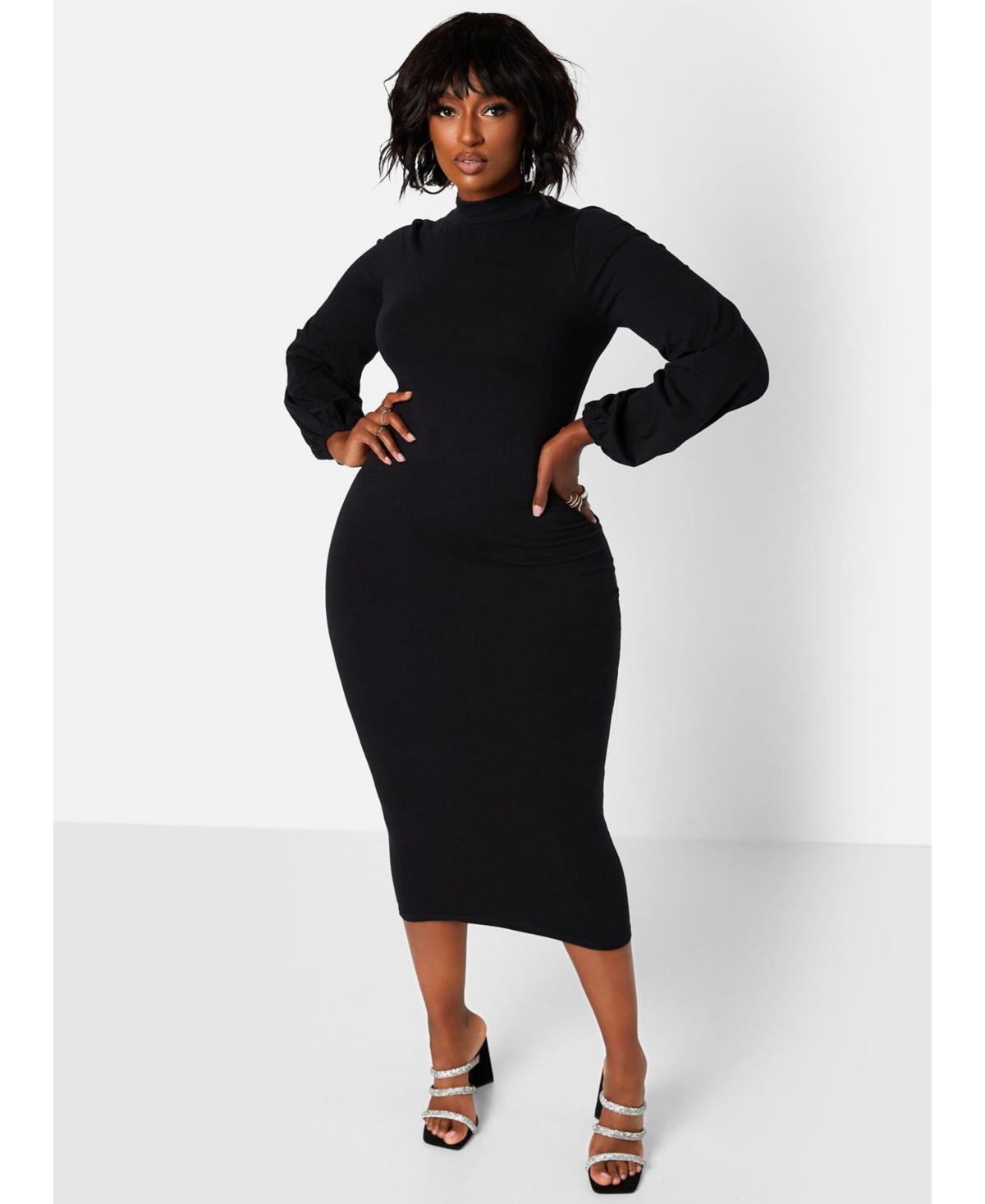Msgd Women's Elegant Black Turtleneck Bodycon Midi Dress with Puff Sleeves - Black