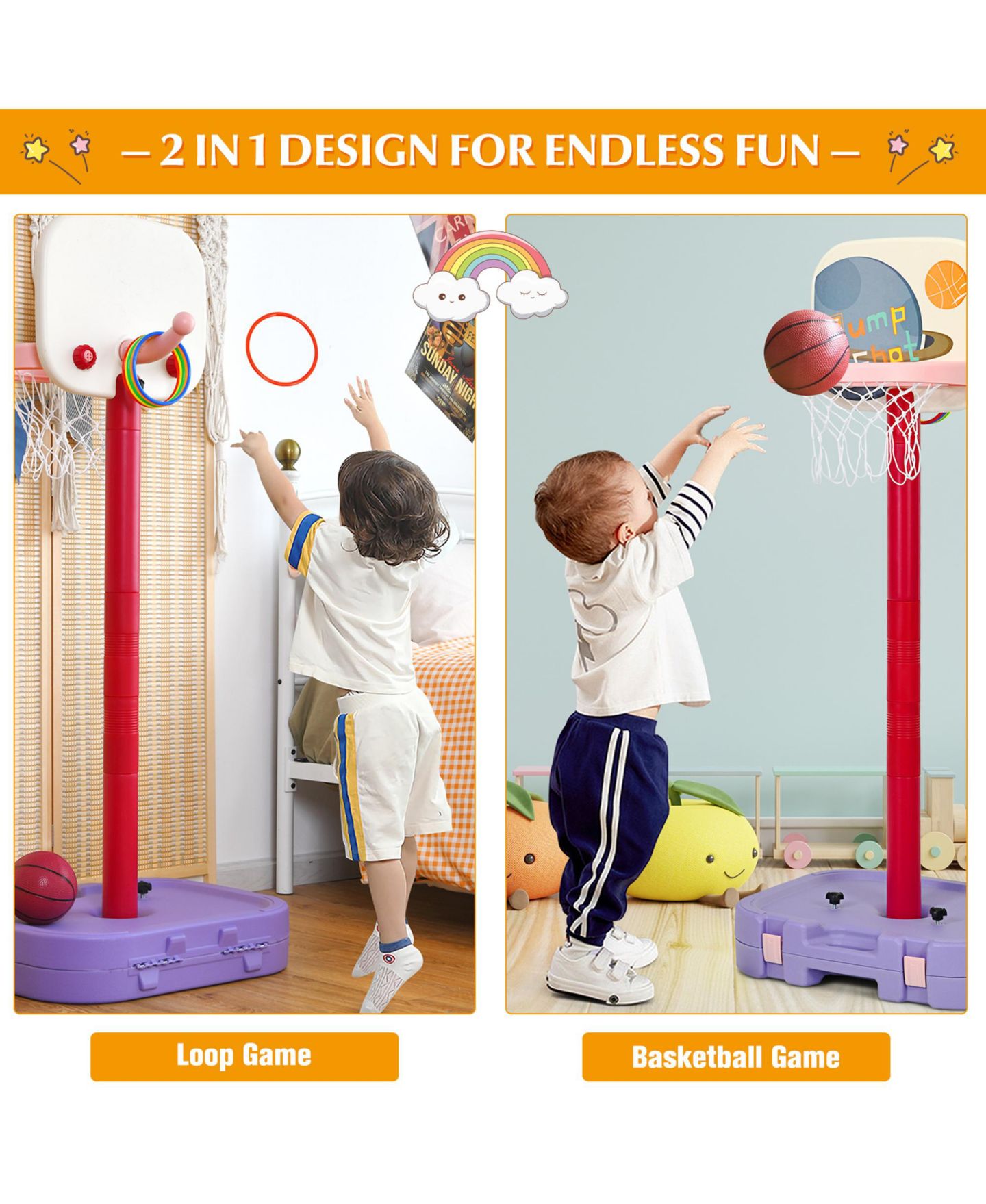 Детские игрушки Gymax Portable 2 in 1 Kids Basketball Hoop Stand w/ Ring Toss and Storage Box, цвет: Красный — фото 2