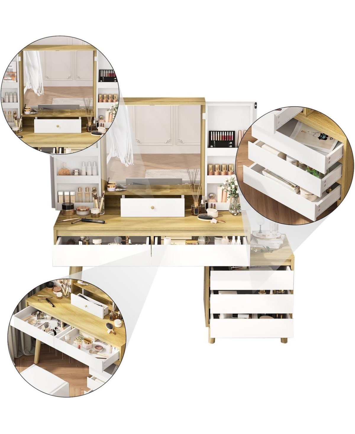 gaomon Vanity Desk with Mirror and Lights, Makeup Vanity Set with Power Outlet, 6 Drawers, Open Shelves, 3 Color Lighting Modes, Brightness Adjustable
