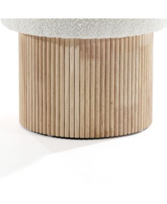Modern Upholstered Ivory Footstool with Storage and Wood Fluted Base