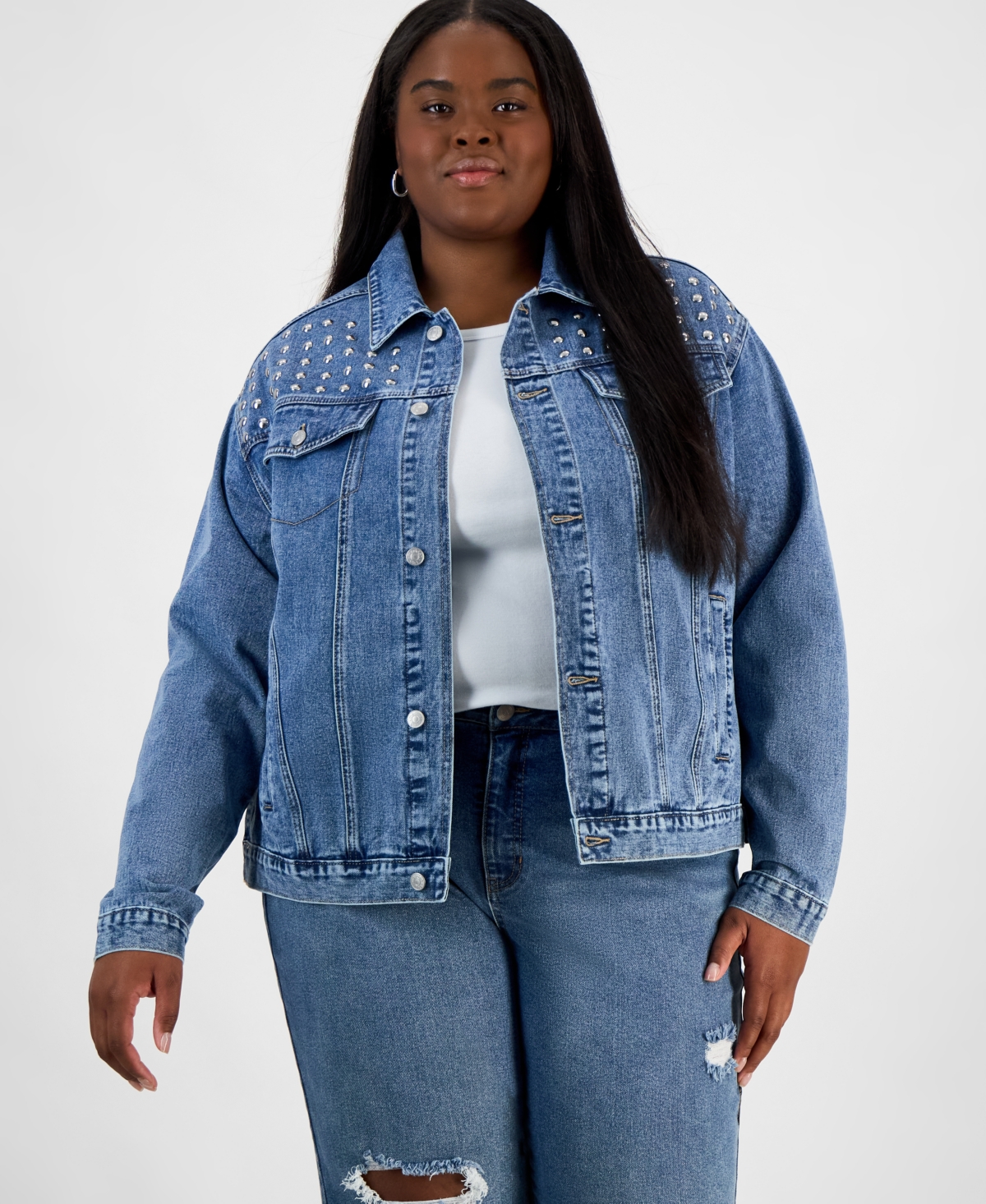 Shop Madden Girl Trendy Plus Size Studded Denim Jacket In Medium Wash
