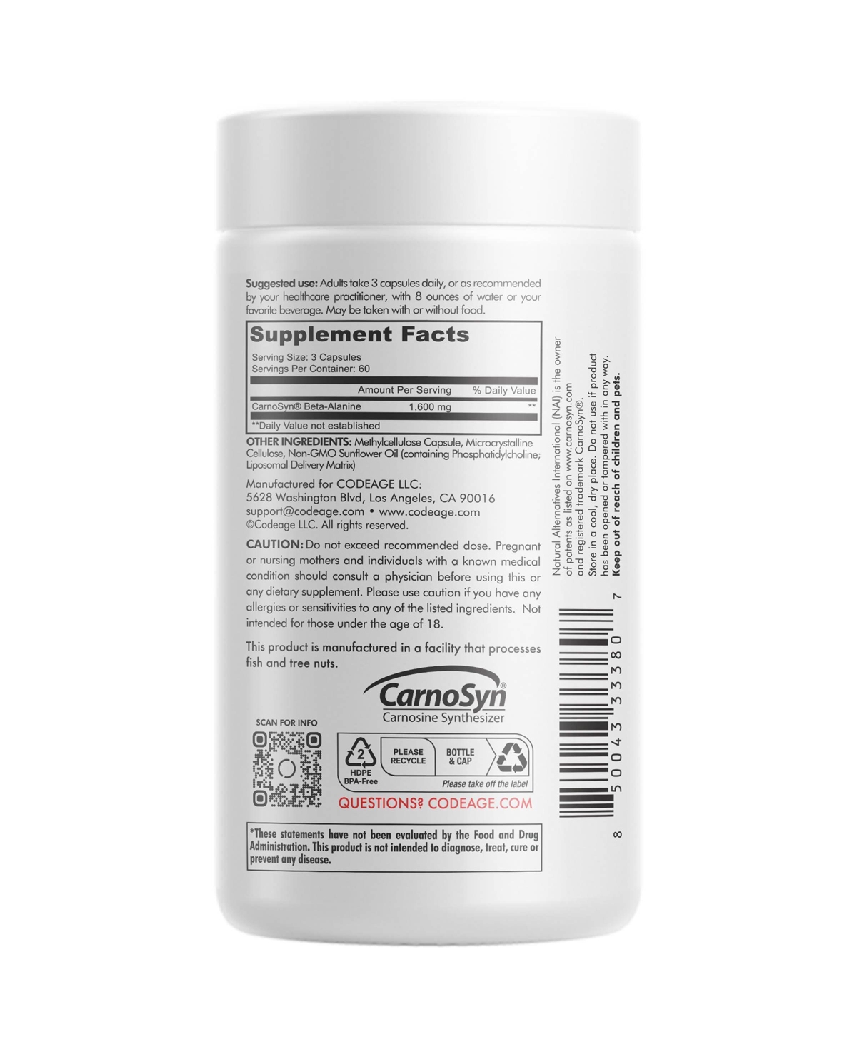 Codeage Liposomal Beta-Alanine Supplement - CarnoSyn Beta-Alanine - 2-Month Supply - Liposomal Delivery - Pre Workout, Post Workout and Sport Suppleme