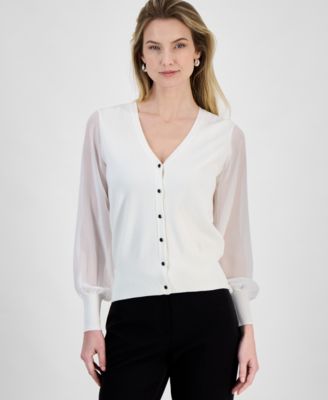 T Tahari - Women's Contrast-Sleeve Button-Front Cardigan