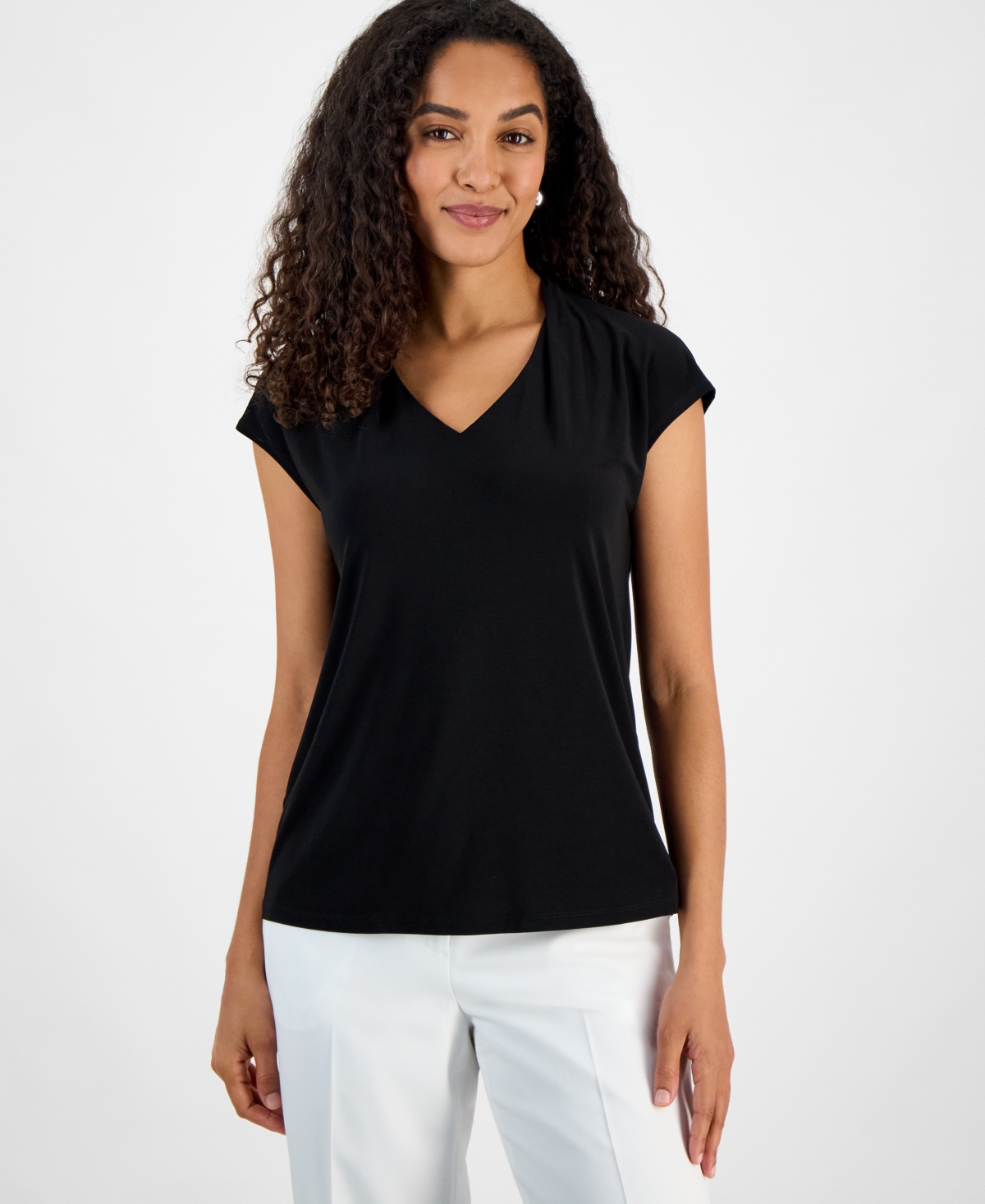 Women's V-Neck Cap-Sleeve Top, Regular & Petite - Black