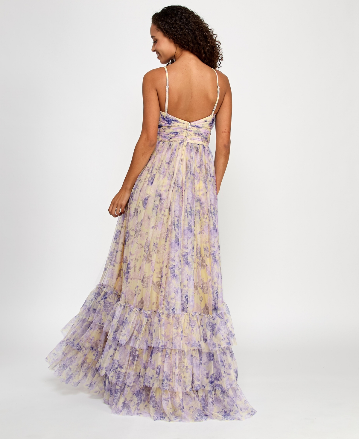 CITY STUDIOS JUNIORS' PRINTED TULLE RUFFLE-HEM GOWN, CREATED FOR MACY'S 