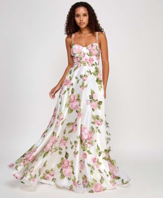 Say Yes - Juniors' Rhinestone Floral Corset Sweetheart Gown