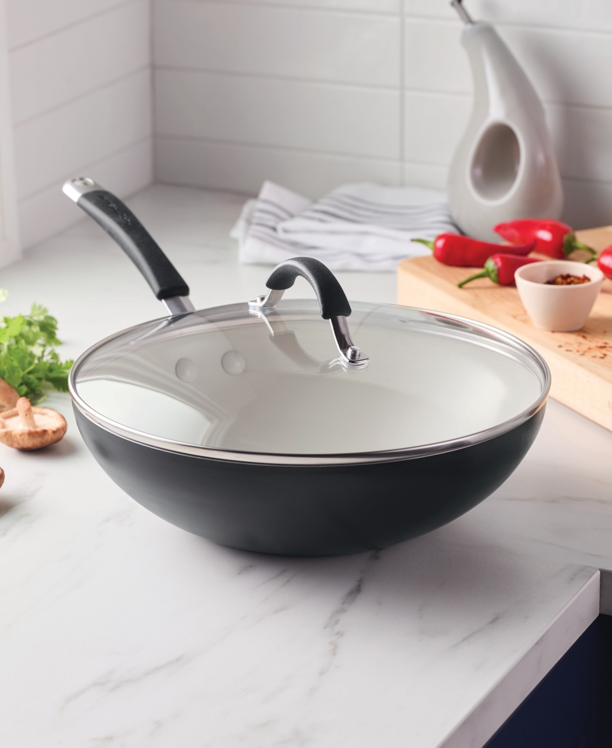 Rachael Ray Cucina Ceramic 11in Nonstick Stir Fry Pan With Lid In Peppercorn