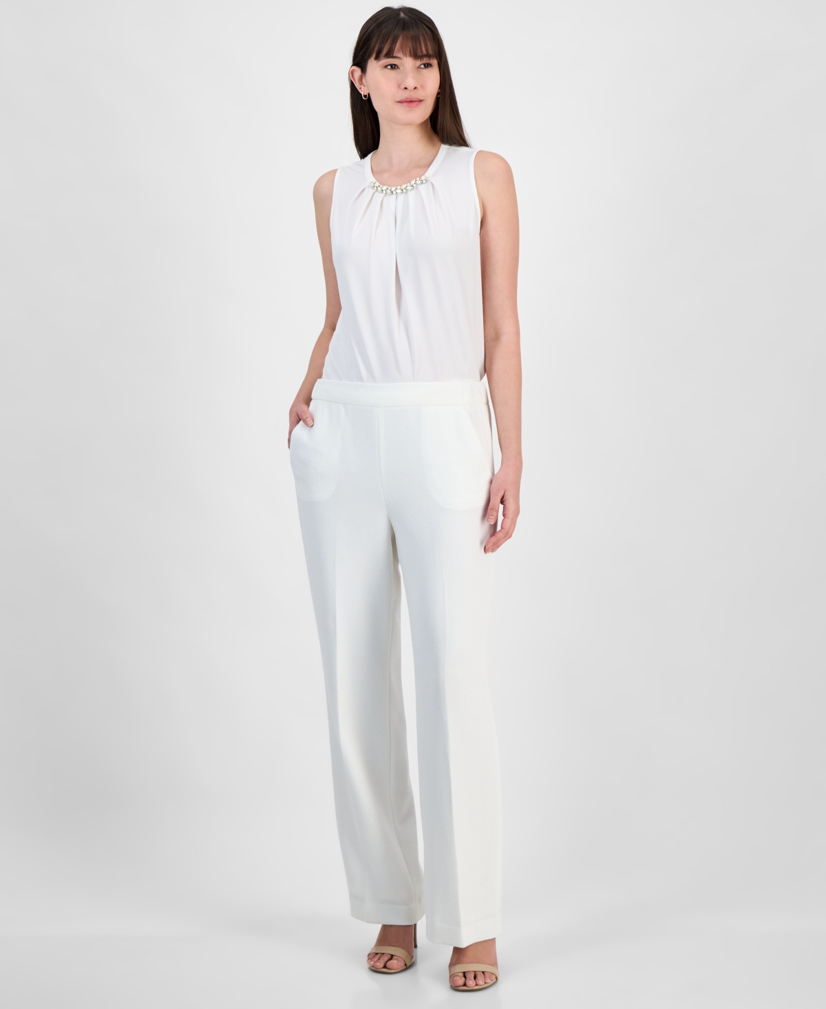Women's Melange Crepe Pull-On Wide-Leg Pants - Vanilla Ice