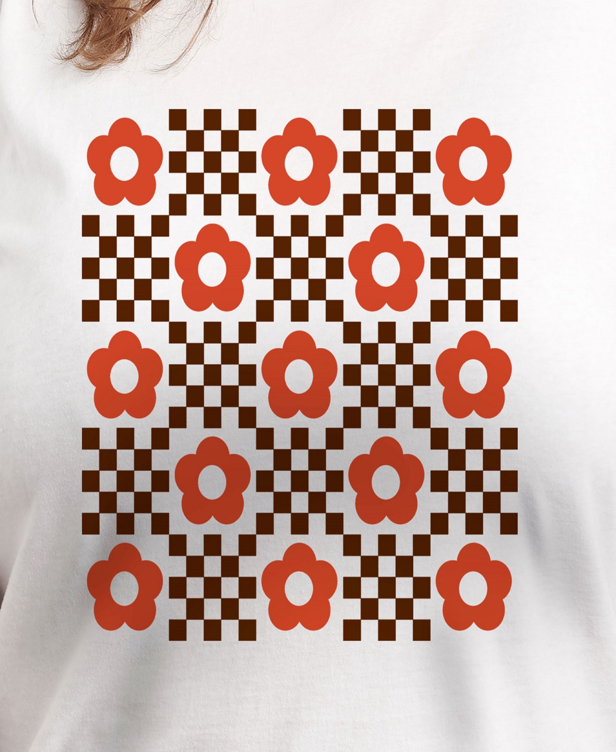 Hybrid Apparel Plus Size Trendy Checkered Flower Graphic Crew Neck T-shirt In White