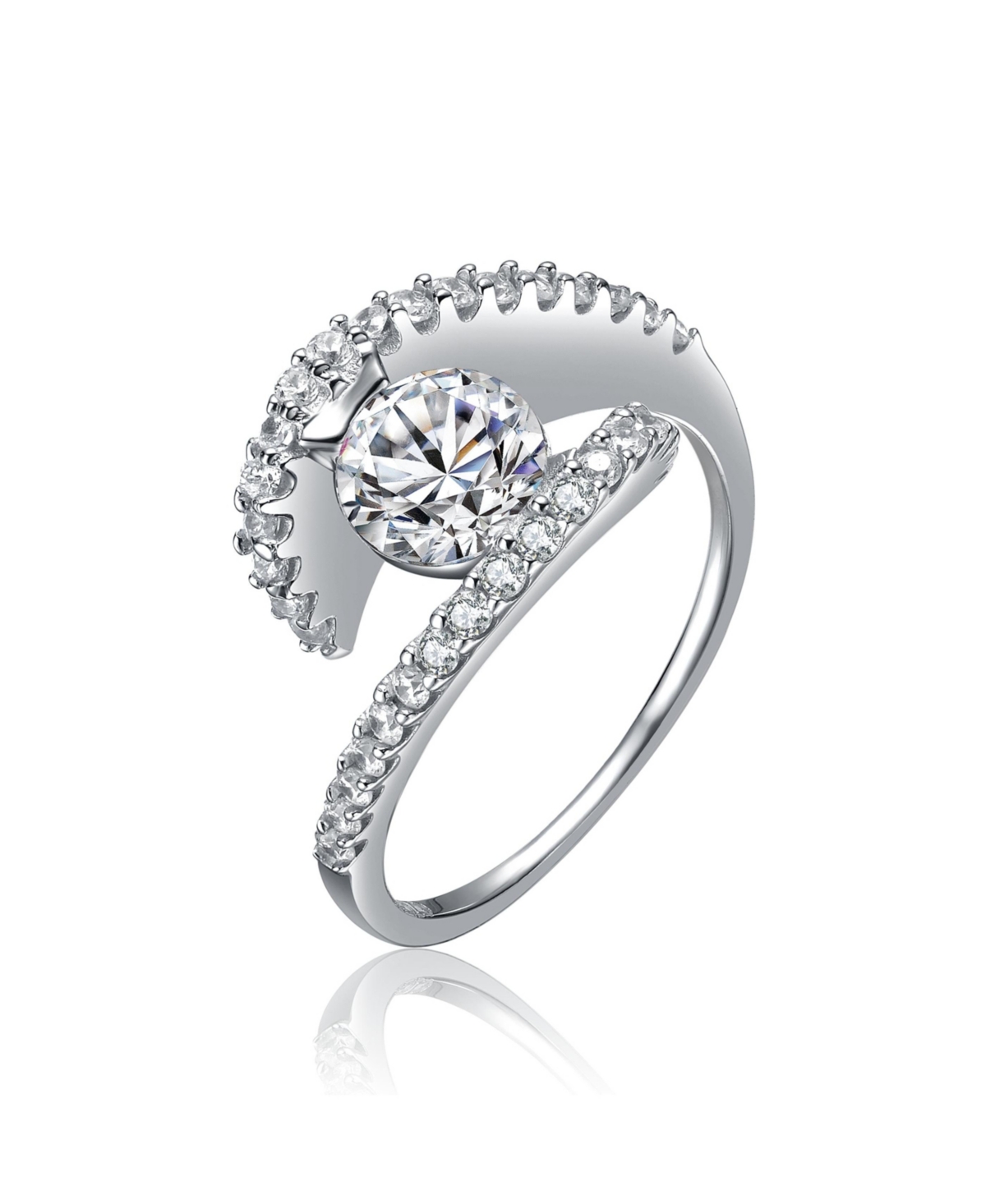 Sterling Silver Cubic Zirconia White Gold Plated Pave Bypass Ring - White