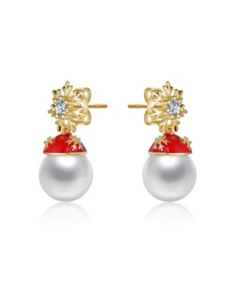 14K Gold Plated with White Pearl & Clear Cubic Zirconia Snowflake and Santa Hat Drop Earrings