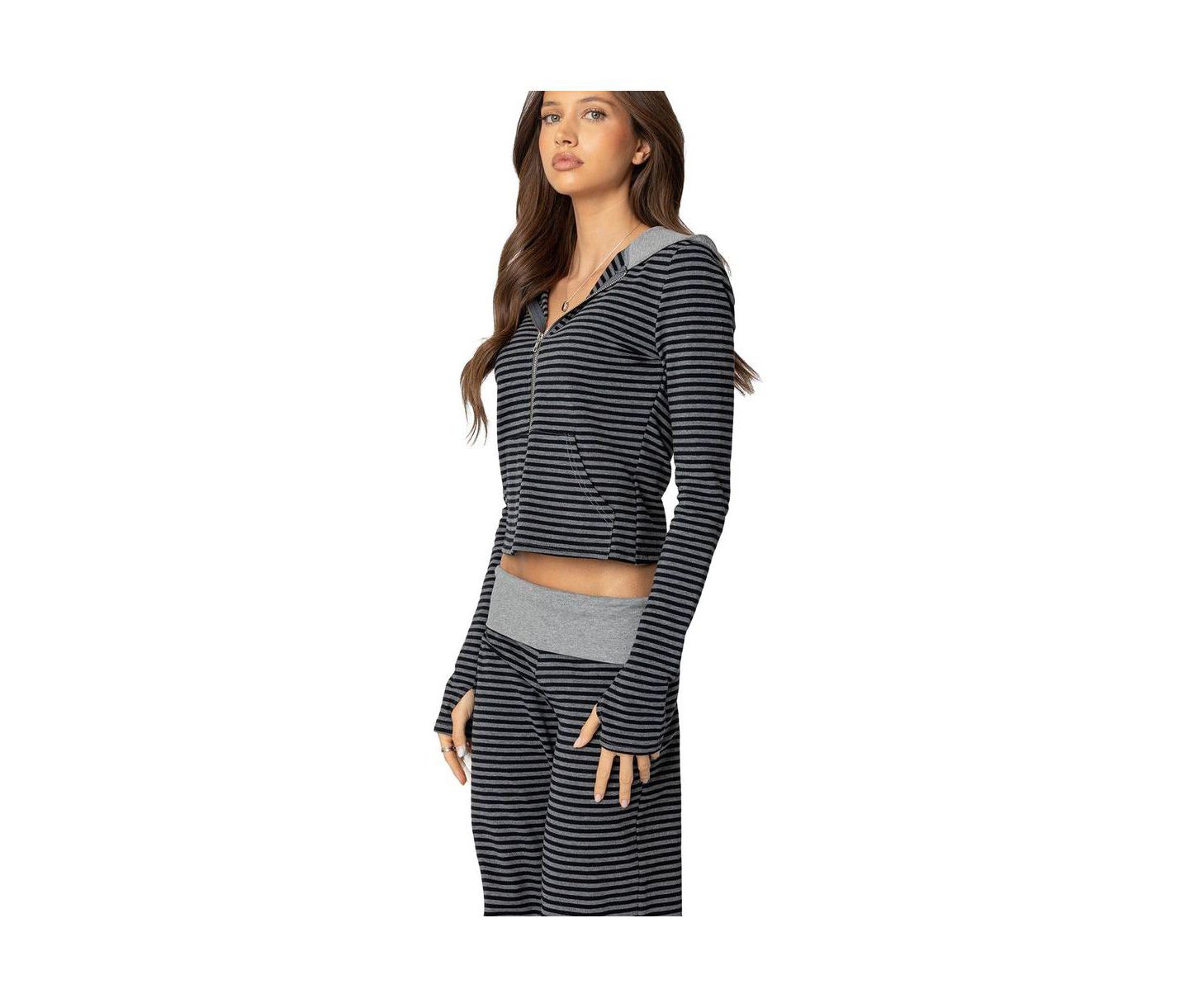 Женское худи Edikted Meggy Striped Zip Up, цвет: Чёрный серый — фото 3