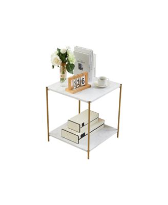 Side End Table with Faux Marble Storage Shelves & Gold Metal Frame, Nightstand for Bedroom, Living Room, or Modern Accent Table
