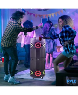 Dual 8” Portable PA Speaker with Bluetooth, Flashing Party Lights, USB/SD/FM Radio & Wireless Microphone
