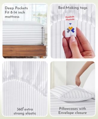 Stripe Sheets Queen Set, Soft 100% Cotton Sateen, 4 Pc Deep Pocket Sheets & Pillowcase Set