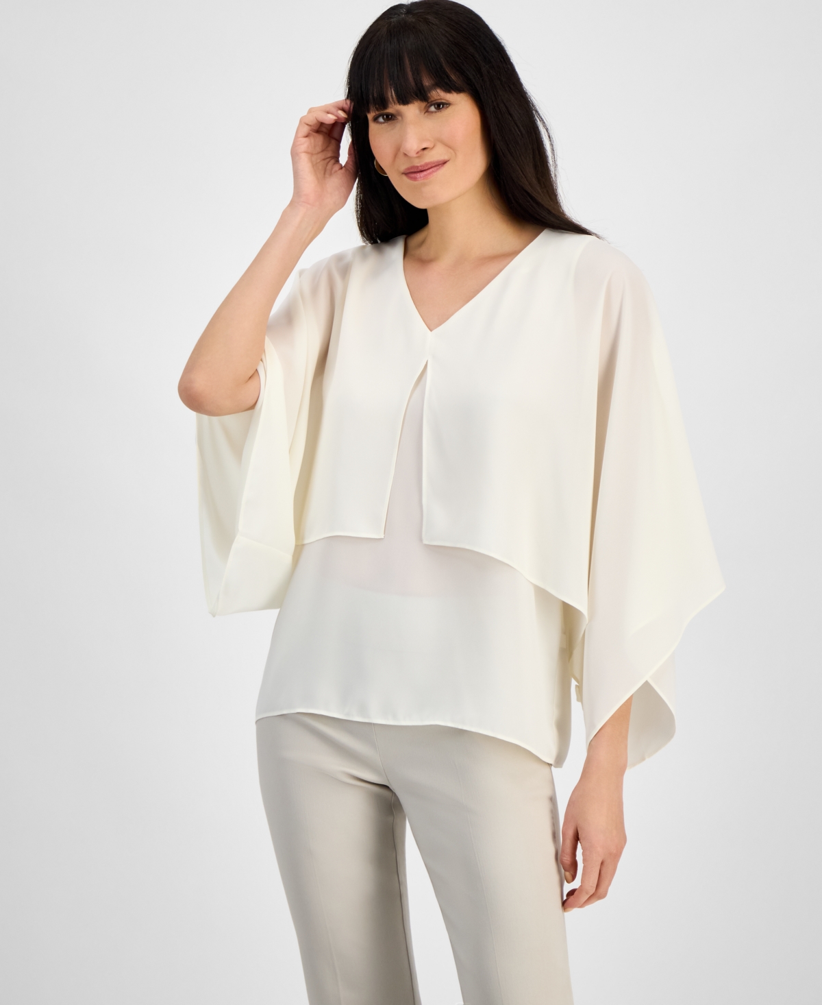 Shop Jm Collection Women's V-neck Tiered Poncho Top, Exclusively At Macy's In Neo Natural
