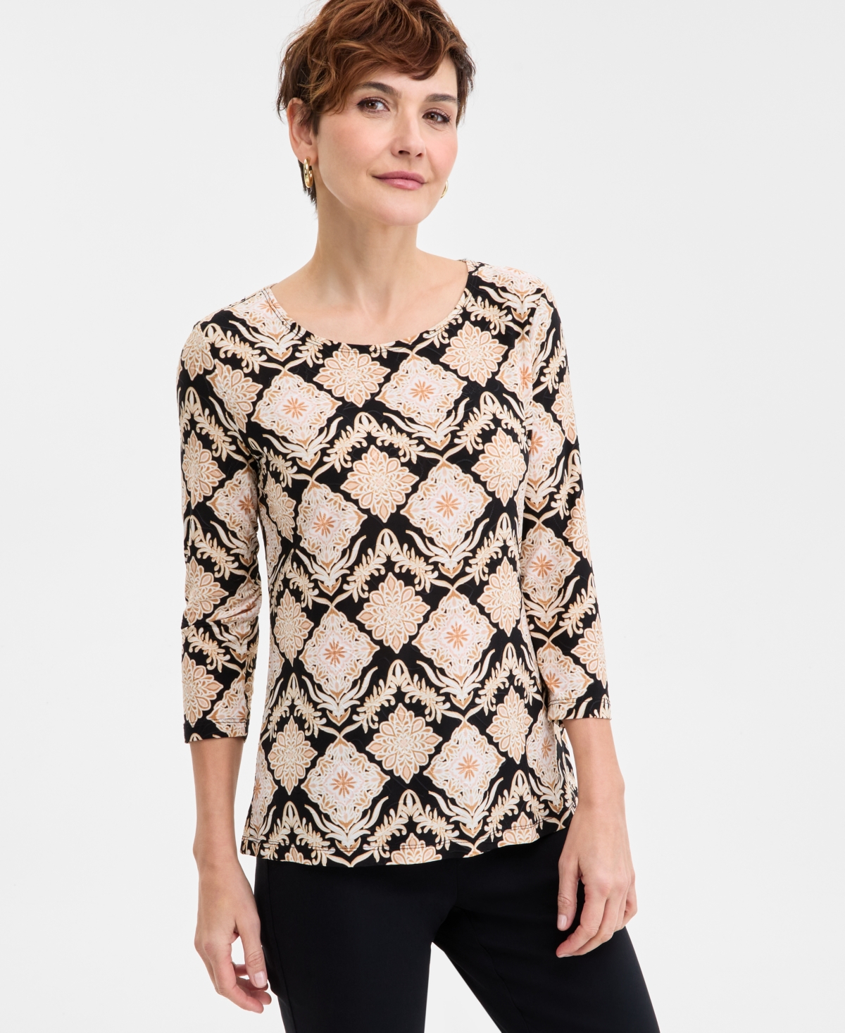 Women's Printed 3/4 Sleeve Scoop-Neck Jacquard Top, Exclusively at Macy's - Pink Royal Combo