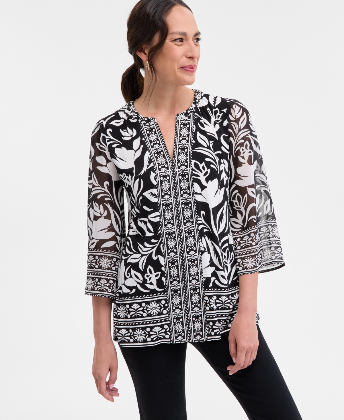 Shop Jm Collection Women's Embellished Split-neck Tunic, Exclusively At Macy's In Deep Black