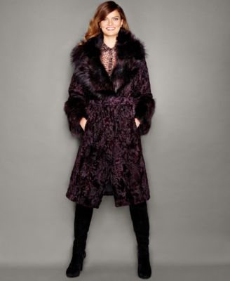 The Fur Vault - Fox-Fur-Trim Swakara Lamb Fur Coat