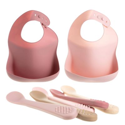 Toddler Silicone Feeding Set, Silicone Soft Durable, Easy-to-Clean Feeding Bib & Spoons Toddlers, Pink
