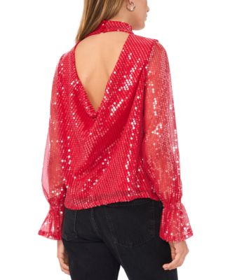 Women's Sequin Draped-Back Mock-Neck Top