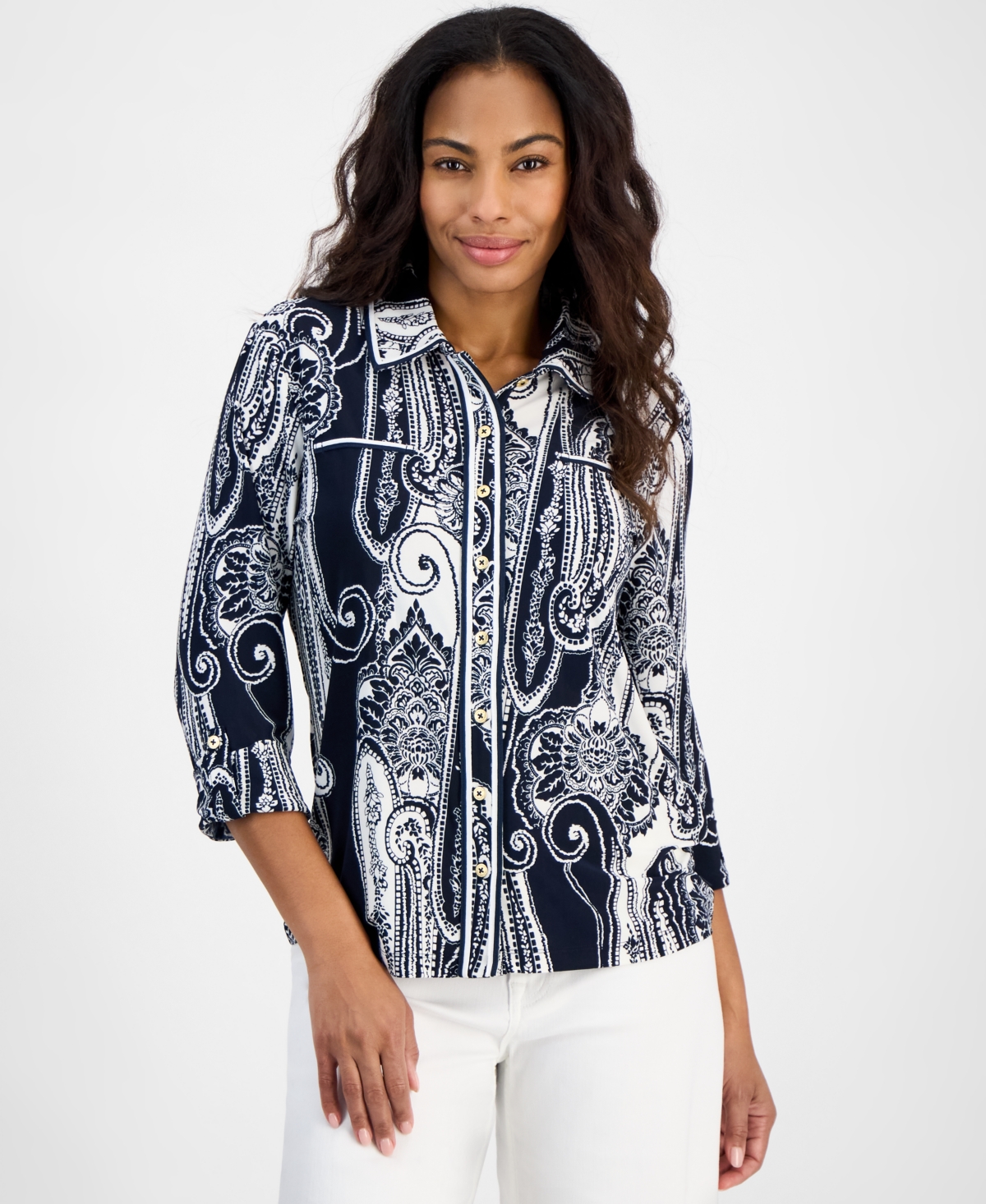 Women's Paisley-Print Button-Up Shirt - Night Sky/ivory