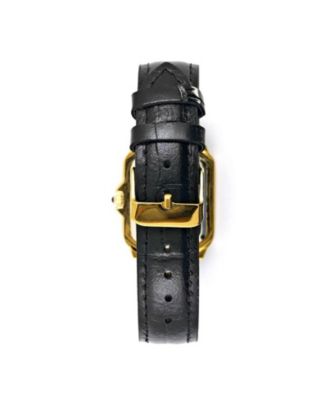 Women's 14K Gold-Plated 32mm Tank Shape Black Leather Strap Watch