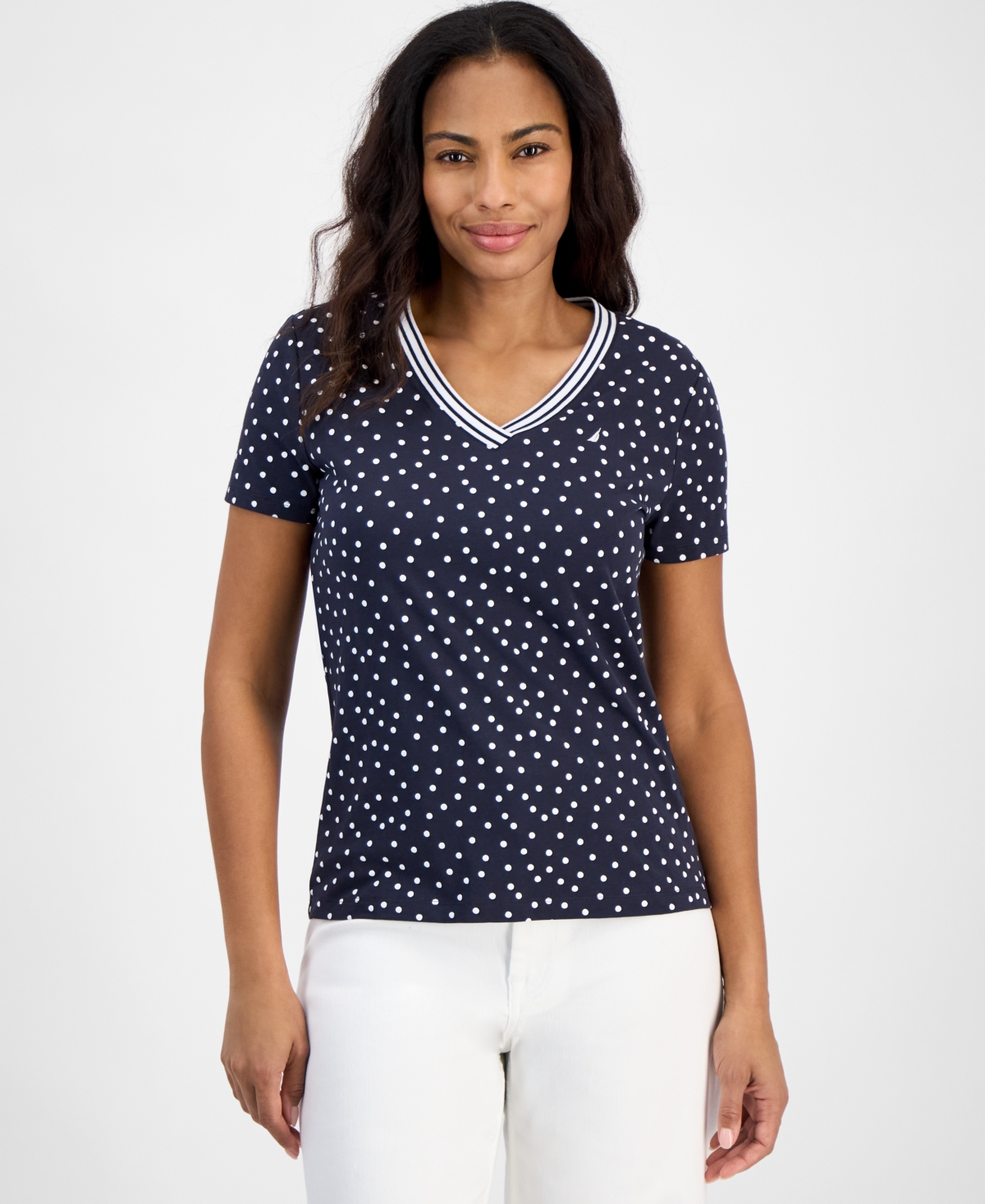 Nautica Jeans Women's Polka-dot Rivera Top In Night Sky,bright White