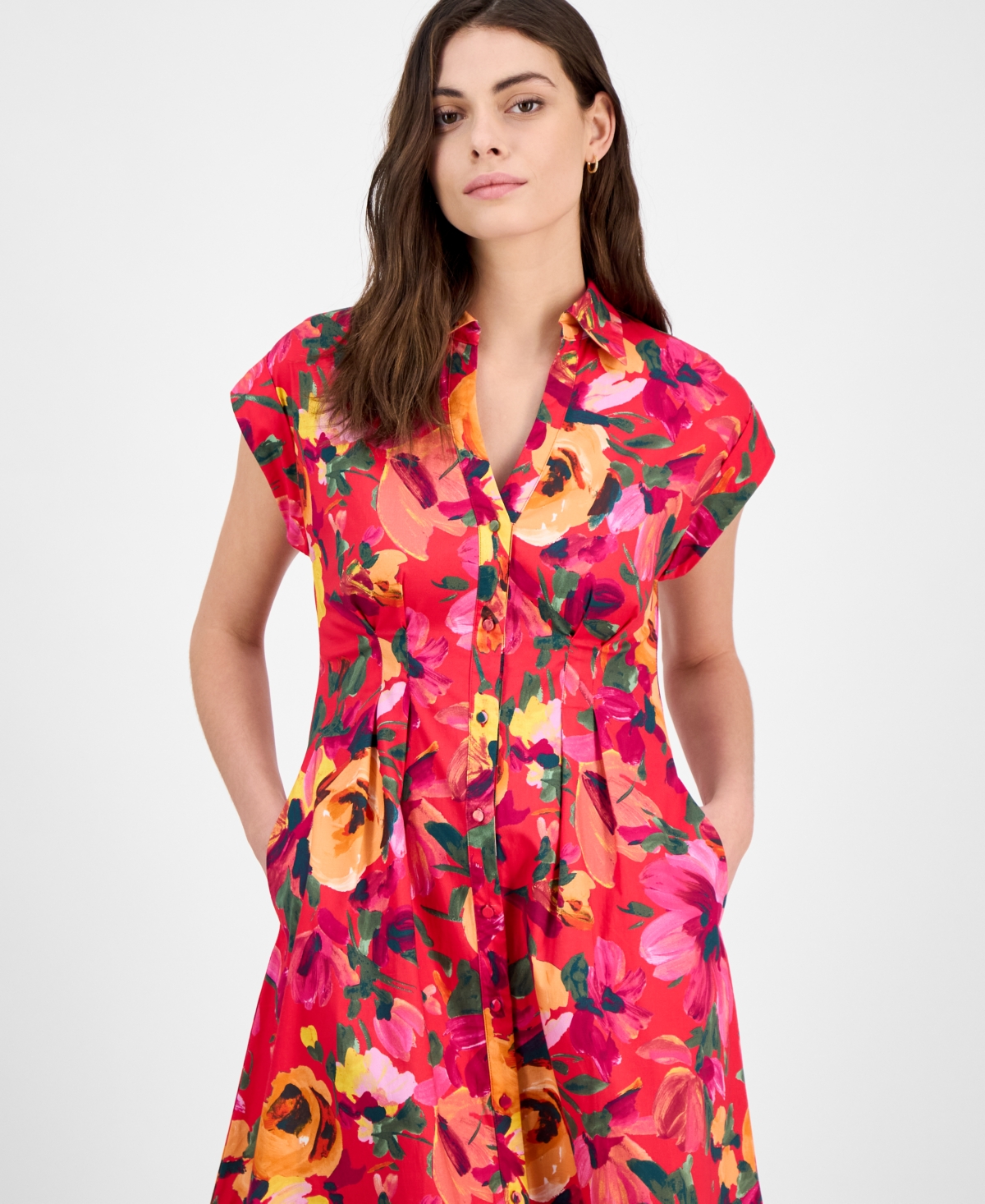 Julia Jordan Plus Size Floral-print Button-down Shirtdress In Red Multi